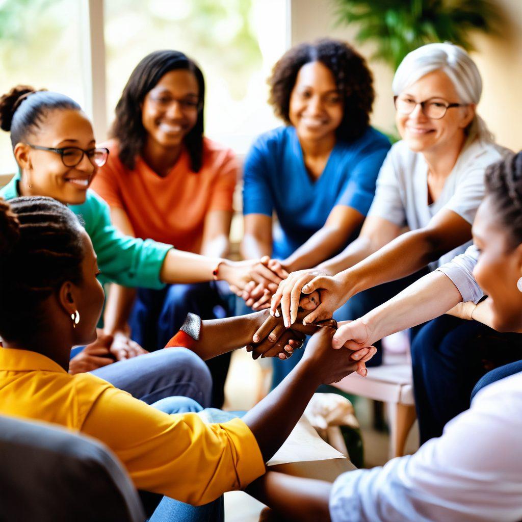 A vibrant scene depicting a diverse group of people gathered in a support group setting, sharing stories and comforting one another while holding hands. In the background, symbols of hope like a blooming cancer ribbon and a supportive advocate encouraging interaction. Warm, inclusive lighting that conveys a sense of unity and strength. super-realistic. vibrant colors. soft focus.