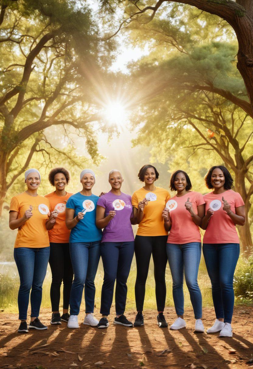 A diverse group of cancer warriors standing united in a bright, hopeful environment, each holding symbols of empowerment such as signs of support, medical items, and wellness tools. The backdrop features a serene nature setting with sunlight filtering through trees, creating a sense of peace and hope. Expressions of determination and camaraderie among the group, showcasing resilience and strength. super-realistic. vibrant colors. warm tones.